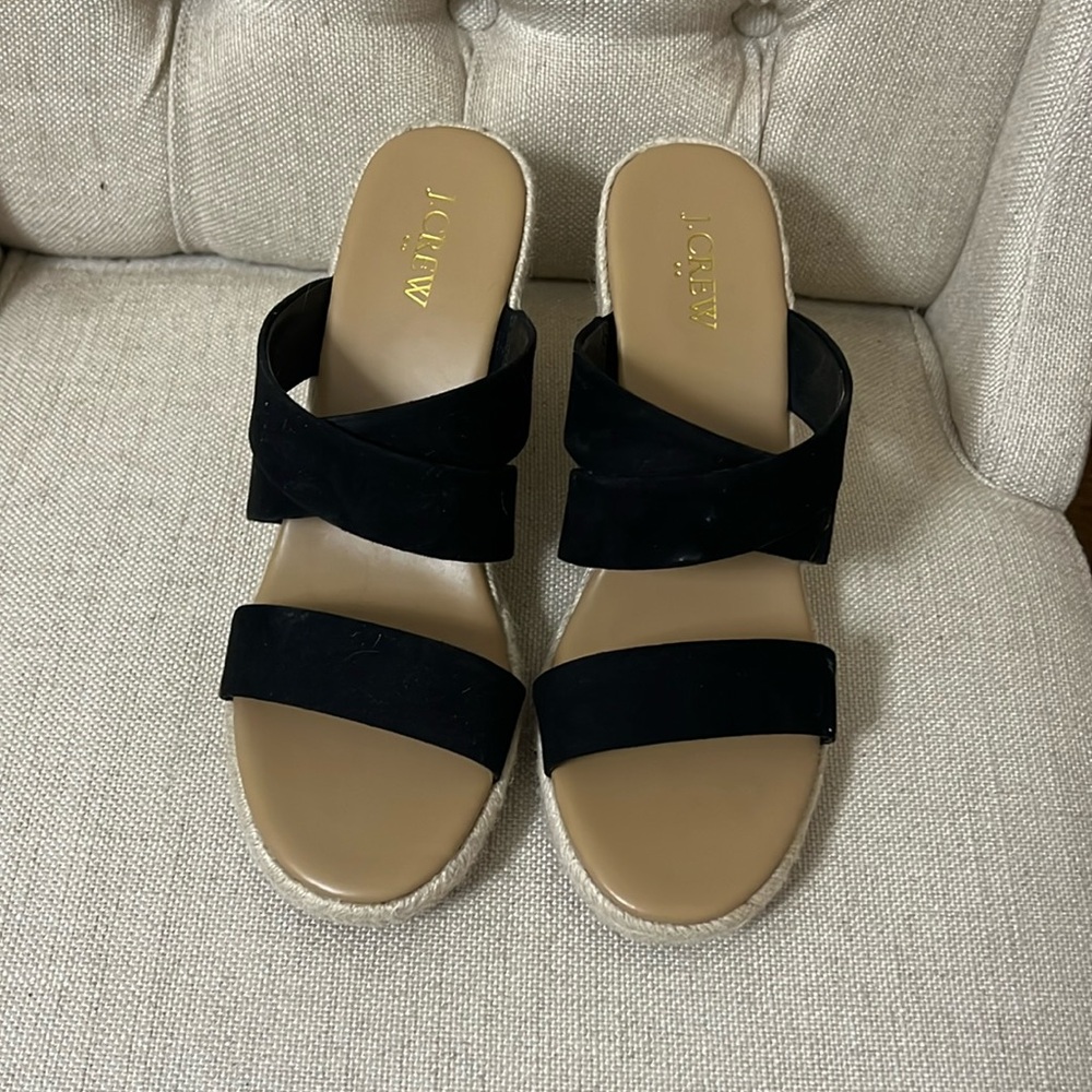 J Crew Black and Tan Wedge Espadrilles Size 8.5